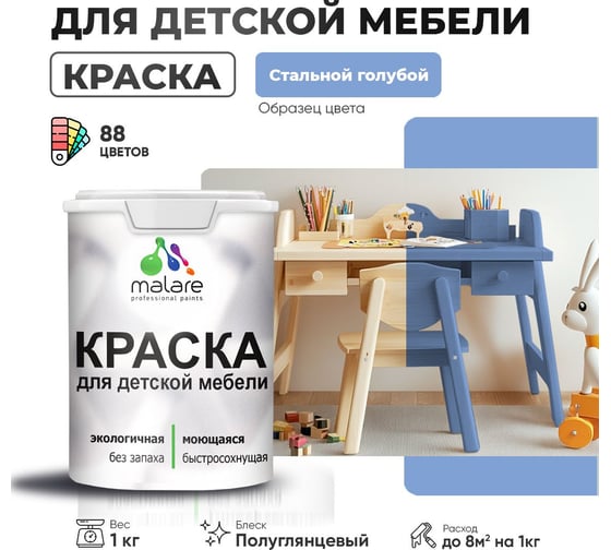 Резиновая краска для детской мебели MALARE для кухонных фасадов, мебели из дерева, моющаяся, быстросохнущая, без запаха, полуглянцевая, стальной голубой, 1 кг. 4660504730832
