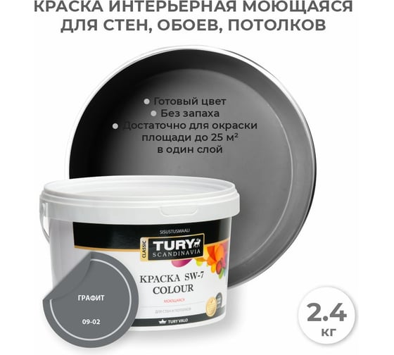 Краска в/д TURY SW-7 Color моющаяся графит 09-03, 2,4 кг T1-00015063