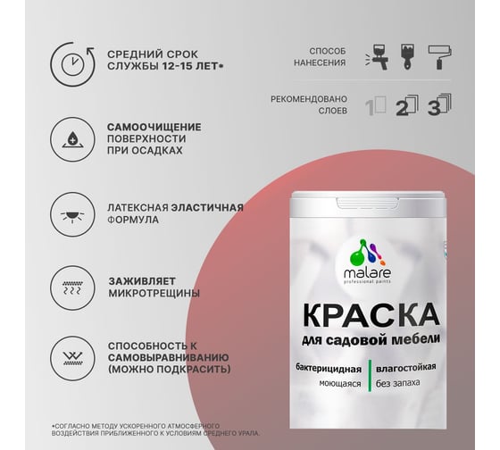 Акриловая краска MALARE для садовой мебели, по дереву, для наружных и внутренних работ, моющаяся без запаха матовая, темно-серый, 0.5 кг 4660504732027