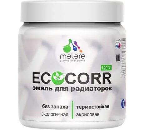 Эмаль для труб и радиаторов отопления MALARE EcoCorr, для батарей, водная акриловая без запаха матовая, белая, 0,5 кг ЭЭКОБЕЛМ0050