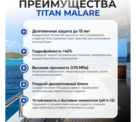 2К эпоксидный Яхтный лак MALARE TITAN двухкомпонентный, универсальный, влагостойкий, износостойкий, прозрачный, глянцевый, (0.7 кг + 0.2 кг отвердитель) 4660504736193