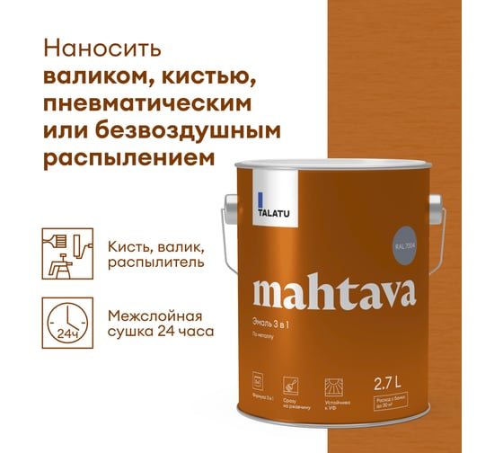 Грунт-эмаль по ржавчине 3 В 1 TALATU "MAHTAVA" глянцевая 2,7 Л серая RAL 7004 274679