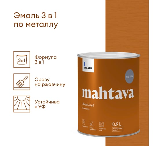 Грунт-эмаль по ржавчине 3 В 1 TALATU "MAHTAVA" глянцевая 0,9 л серая RAL 7004 274678
