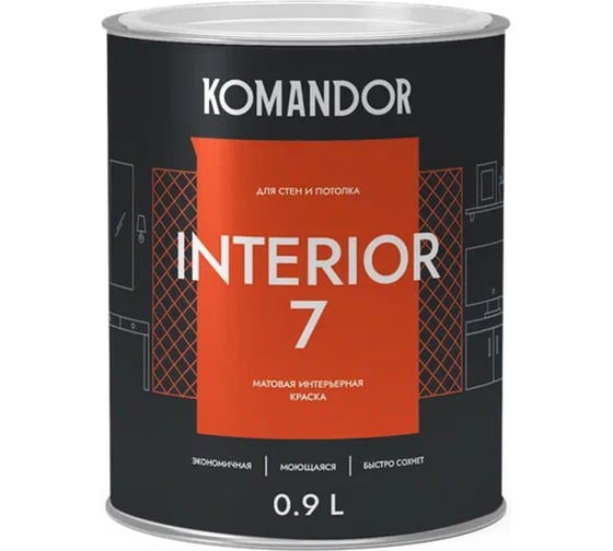 Краска KOMANDOR INTERIOR 7 для стен и потолков, база C, 0,9 л (1/6)  270991 1