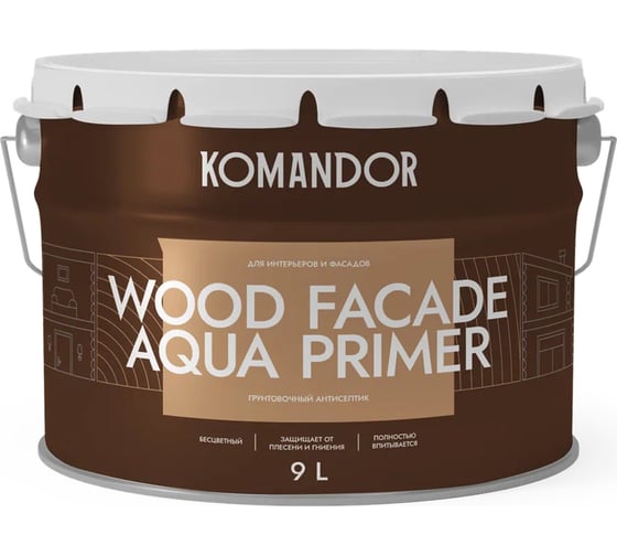 Грунтовка-антисептик KOMANDOR WOOD FACADE AQUA PRIMER 9 л 271044 1