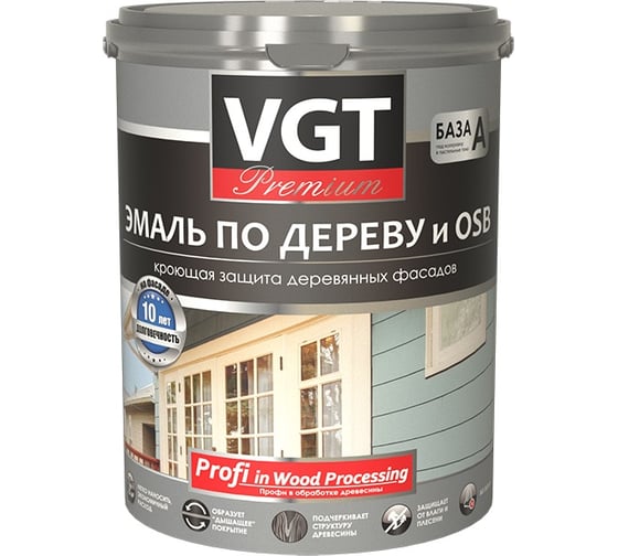 Акриловая эмаль по дереву VGT PREMIUM ВД-АК-1179 ПРОФИ, полуматовая, база А, супербелая, 10 кг 11607768