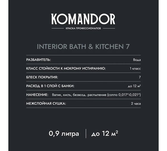 Краска KOMANDOR INTERIOR BATH AND KITCHEN 7 влагостойкая, база А, 9 л 271002