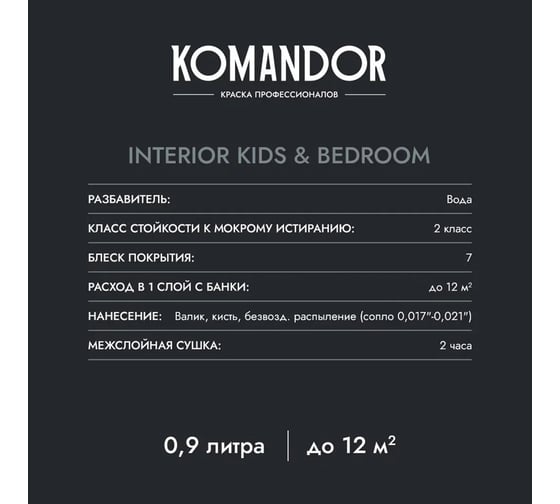 Краска KOMANDOR INTERIOR KIDS AND BEDROOM для спален и детских комнат, база А, 0.9 л 270994