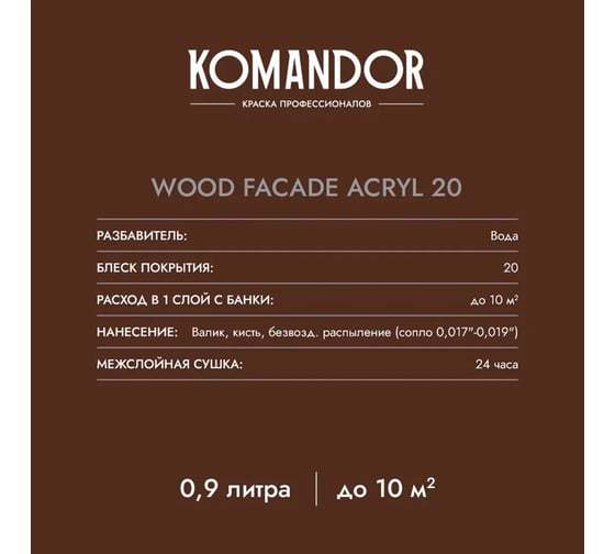 Краска по дереву KOMANDOR WOOD FACADE ACRYL 20 база С, 2.7 л 271055