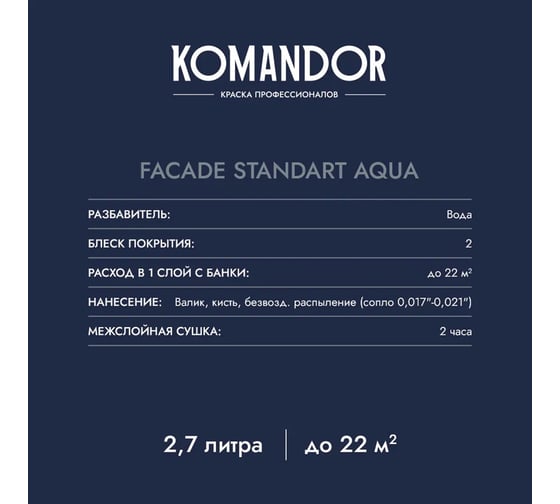 Фасадная краска KOMANDOR FACADE STANDART AQUA атмосферостойкая, база А, 9 л 271019