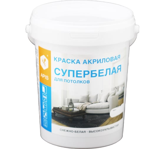 Акриловая краска для потолков APIS супербелая, ведро 1,5 кг 4665296515049 1