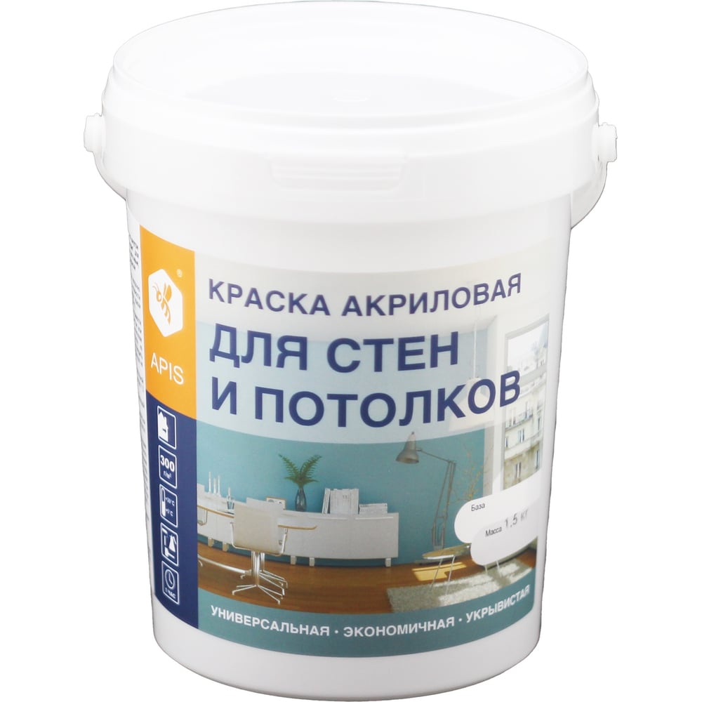 Акриловая краска для стен и потолков APIS белая ведро 1,5 кг ...