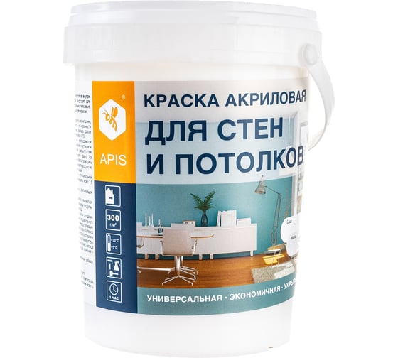 Акриловая краска для стен и потолков APIS белая ведро 1,5 кг 4665296515087