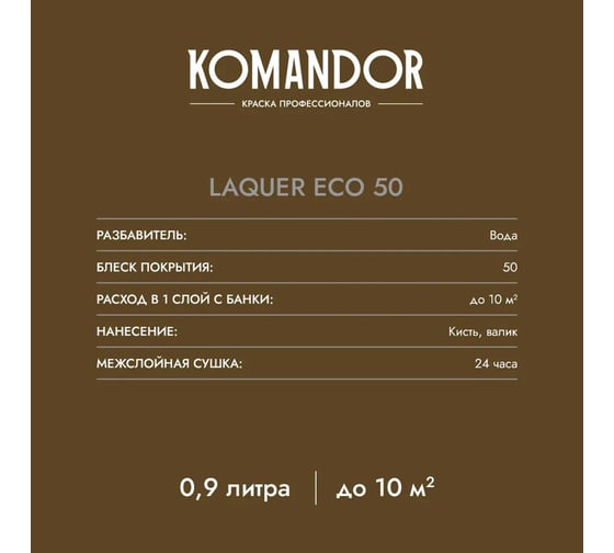 Лак для стен и потолков п/лянц. KOMANDOR LAQUER ECO 50 0,9 л 271048