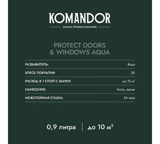 Эмаль для окон и дверей KOMANDOR PROTECT DOORS AND WINDOWS AQUA база A 0,9 л 271034