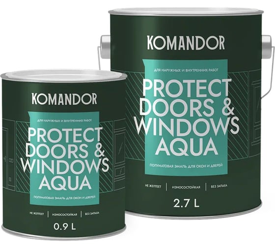 Эмаль для окон и дверей KOMANDOR PROTECT DOORS AND WINDOWS AQUA база A 0,9 л 271034