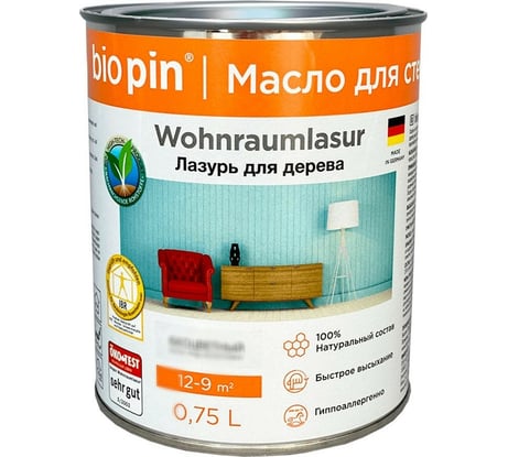 Лазурь для стен BIO PIN 2150 Wohnraumlasur в цвете прозрачный желто-бежевый 0,75 л 21501H101