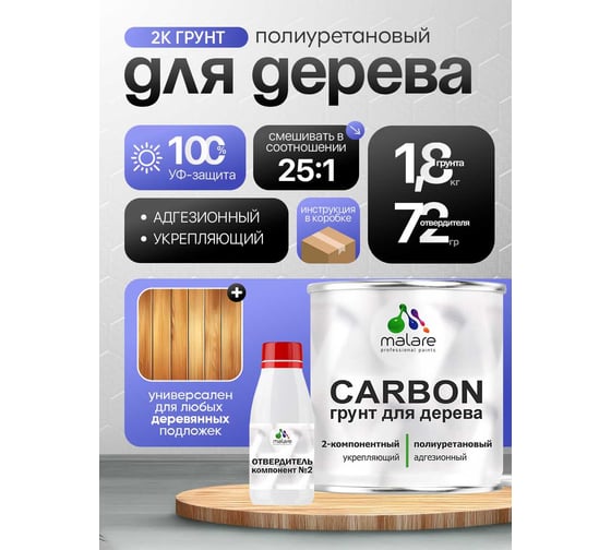 Полиуретановый грунт MALARE 2К CARBON по дереву, двухкомпонентный, выравнивающий, износостойкий, укрепляющий, УФ-стойкий (1.8 кг + 70 гр отвердитель) 4660504744167