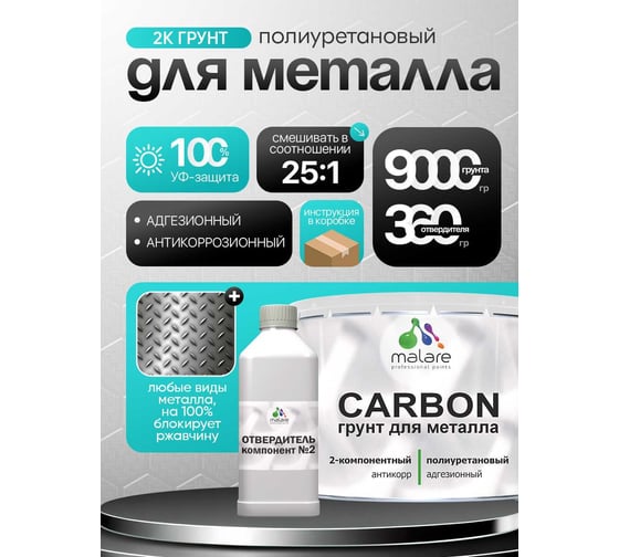 Полиуретановый грунт MALARE 2К CARBON по металлу, двухкомпонентный, адгезионный, антикоррозионный, высокопрочный, УФ-стойкий (9 кг + 360 гр отвердитель) 4660504744211