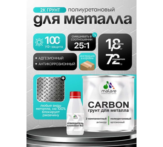 Полиуретановый грунт MALARE 2К CARBON по металлу, двухкомпонентный, адгезионный, антикоррозионный, высокопрочный, УФ-стойкий (1.8 кг + 70 гр отвердитель) 4660504744204
