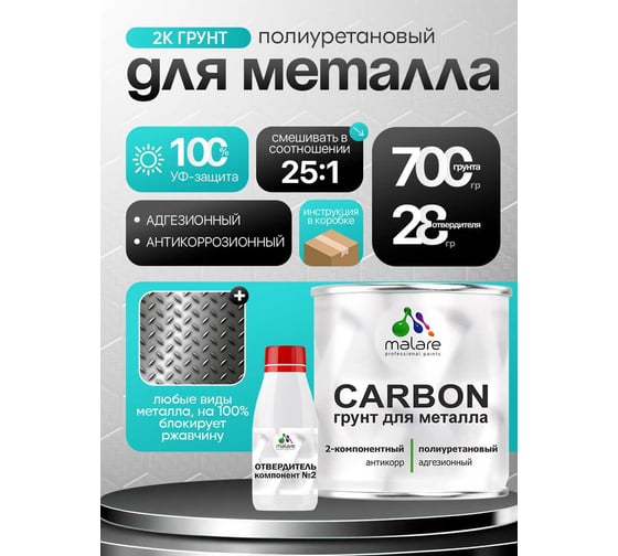 Полиуретановый грунт MALARE 2К CARBON по металлу, двухкомпонентный, адгезионный, антикоррозионный, высокопрочный, УФ-стойкий (0.7 кг + 28 гр отвердитель) 4660504744198