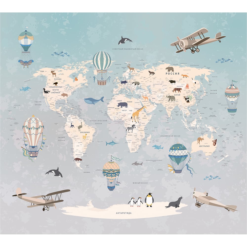 Обои Карта путешественника с животными, самолетами и воздушными шарами ...