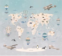 Обои Карта путешественника с животными, самолетами и воздушными шарами для детей Топ Фотообои флизелин, 300х270 см 09-1078-МF-3