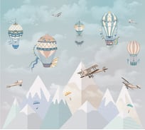 Обои Карта путешественника для детей с животными, самолетами на бежевом фоне с элементами серо-зеленого цвета Топ Фотообои флизелин, 300х270 см 09-1102-F-3