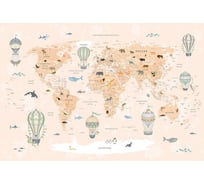 Обои Карта путешественника для детей с животными, самолетами на бежевом фоне с элементами серо-зеленого цвета Топ Фотообои флизелин, 400х270 см 09-1102-МF-4