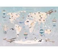 Обои Карта путешественника с животными, самолетами и воздушными шарами для детей Топ Фотообои флизелин, размер 400х270 см 09-1078-F-4