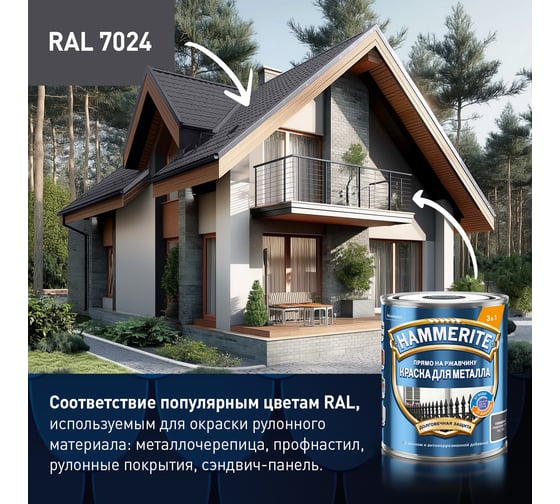 Грунт-эмаль 3 в 1 Hammerite гладкая цвет графит RAL 7024 5л 50033671