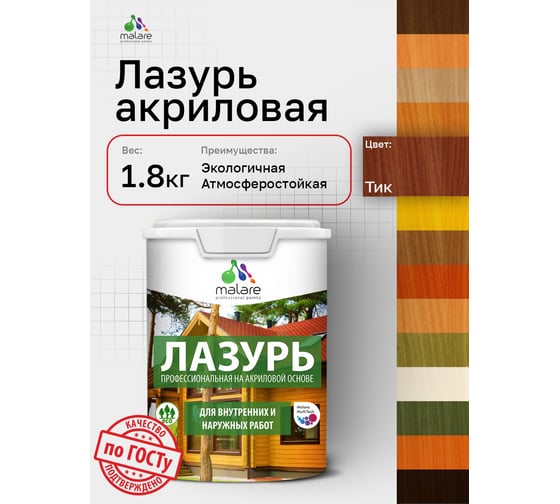 Лазурь-антисептик MALARE Professional для дерева, для любых деревянных поверхностей, акриловая, с антисептическим эффектом, быстроcохнущая без запаха, Тик, 1,8 кг 4660504766022
