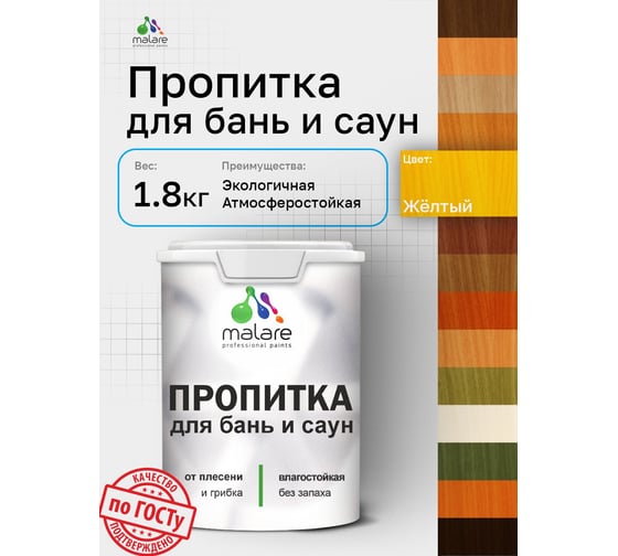 Пропитка профессиональная для бань и саун MALARE от плесени и грибка с антисептическим эффектом, быстросохнущая, акриловая без запаха, Желтый, 1,8 кг. 4660504765810