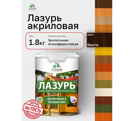 Лазурь-антисептик MALARE Professional для дерева, для любых деревянных поверхностей, акриловая, с антисептическим эффектом, быстроcохнущая без запаха, Венге, 1,8 кг 4660504765919