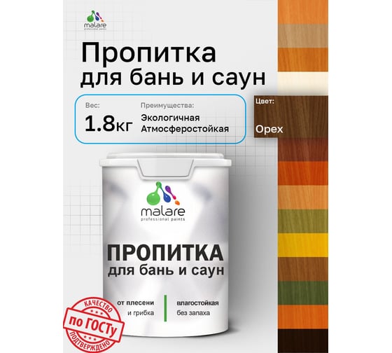 Пропитка профессиональная для бань и саун MALARE от плесени и грибка с антисептическим эффектом, быстросохнущая, акриловая без запаха, Орех, 1,8 кг. 4660504765858
