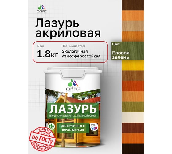 Лазурь-антисептик MALARE Professional для дерева, для любых деревянных поверхностей, акриловая, с антисептическим эффектом, быстроcохнущая без запаха, Еловая зелень, 1,8 4660504765940