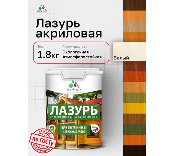 Лазурь-антисептик MALARE Professional для дерева, для любых деревянных поверхностей, акриловая, с антисептическим эффектом, быстроcохнущая без запаха, белый, 1,8 кг 4660504765896