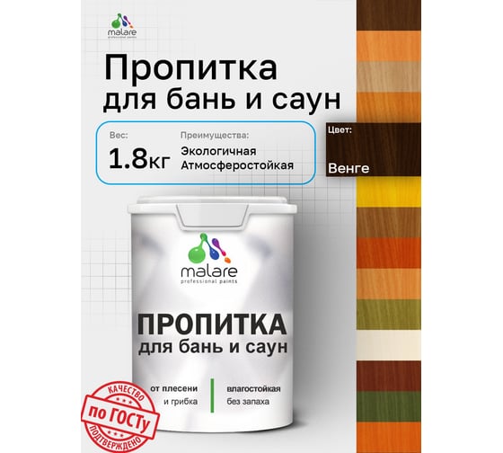 Пропитка профессиональная для бань и саун MALARE от плесени и грибка с антисептическим эффектом, быстросохнущая, акриловая без запаха, Венге, 1,8 кг. 4660504765773