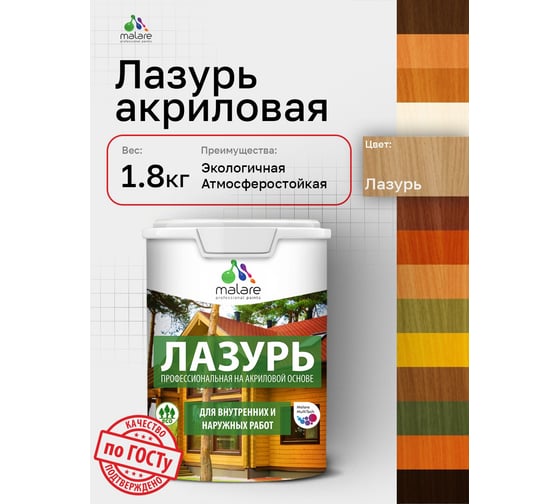 Лазурь-антисептик MALARE Professional для дерева, для любых деревянных поверхностей, акриловая, с антисептическим эффектом, быстроcохнущая без запаха, бесцветный-лазурь, 1,8 кг 4660504765902
