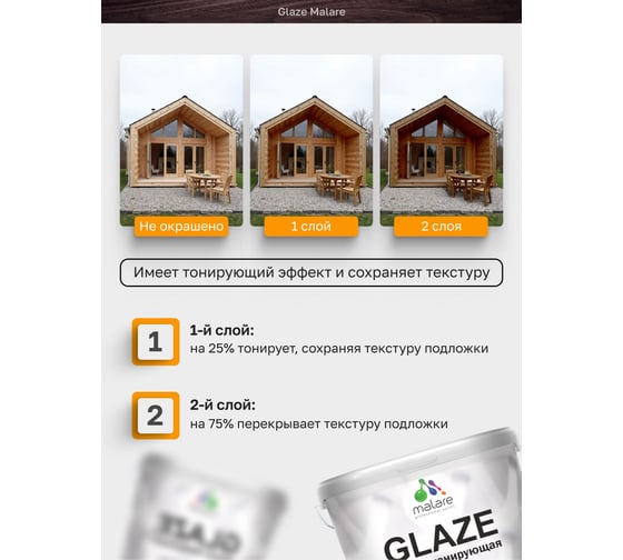 Краска MALARE Glaze декоративная с тонирующим эффектом для деревянных поверхностей, лессирующая полупрозрачная, быстро сохнет без запаха, бесцветный, 1.8 кг. 4660504765599