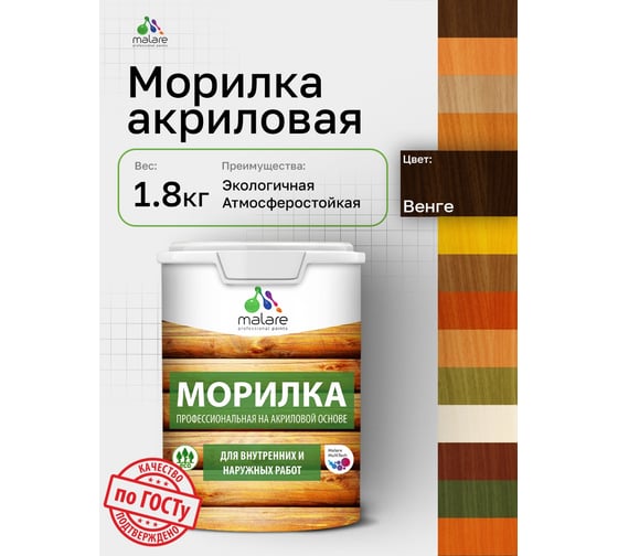 Морилка профессиональная MALARE Professional для дерева, для любых деревянных поверхностей, акриловая, быстро сохнет без запаха, цвет венге, 1,8 кг 4660504766046