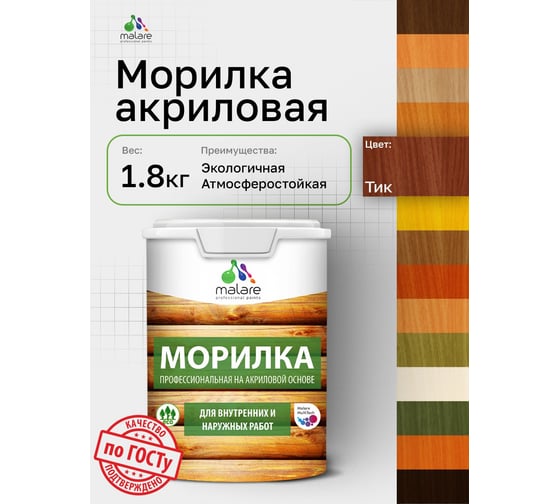Морилка профессиональная MALARE Professional для дерева, для любых деревянных поверхностей, акриловая, быстро сохнет без запаха, цвет тик, 1,8 кг 4660504766169