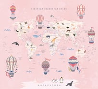 Обои Карта путешественника для детей с животными, самолетами и воздушными шарами на розовом фоне Топ Фотообои флизелин, 300х270 см 09-1091-МF-3