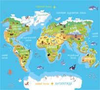 Обои Детская карта мира в голубых и зеленых цветах с животными Топ Фотообои флизелин, 300х270 см 09-1011-МF-3