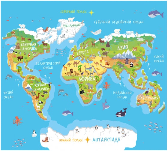 Обои Детская карта мира в голубых и зеленых цветах с животными Топ Фотообои флизелин, 300х270 см 09-1011-МF-3 1