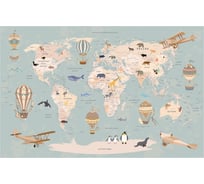 Обои Карта путешественника с животными, самолетами и воздушными шарами для детей на мятном фоне Топ Фотообои флизелин, 200х129 см 09-1043-MV-4