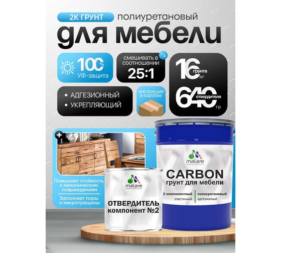 Полиуретановый грунт MALARE 2К CARBON для мебели, двухкомпонентный, высокопрочный, износостойкий укрепляющий, УФ-стойкий эластичный (16 кг + 640 гр отвердитель) 4660504765421