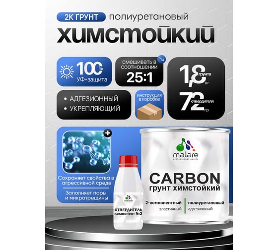 Полиуретановый грунт MALARE 2К CARBON химстойкий, двухкомпонентный, высокопрочный износостойкий укрепляющий УФ-стойкий эластичный (1.8 кг + 70 гр отвердитель) 4660504765520