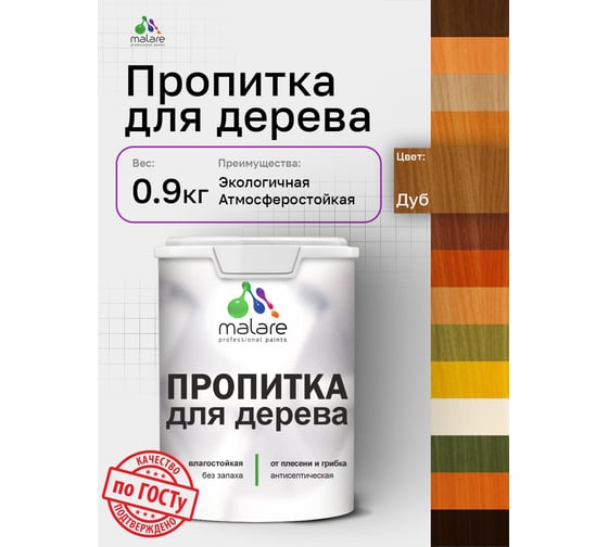 Пропитка для дерева MALARE от плесени и грибка с антисептическим эффектом, без запаха, полуматовая, дуб, 0,9 л 4660504766398