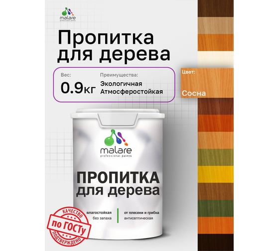 Пропитка для дерева MALARE от плесени и грибка с антисептическим эффектом, без запаха, полуматовая, сосна, 9 л 4660504766565